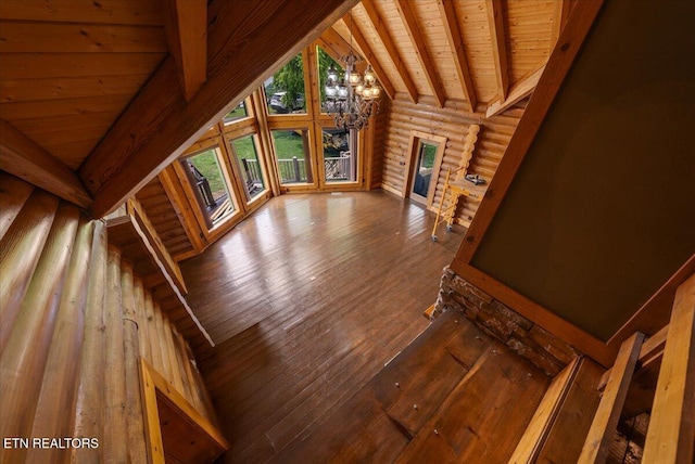 158 Dillon Rd, Baxter, TN 38544 - stairway featuring wood-type flooring, a chandelier, log walls, and wooden ceiling