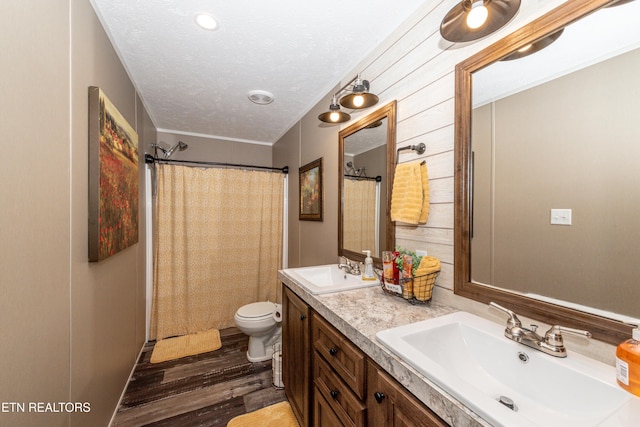 1193 Johnson Rd, Seymour, TN 37865 - bathroom featuring toilet, wood finished floors, double vanity, a textured ceiling, and curtained shower