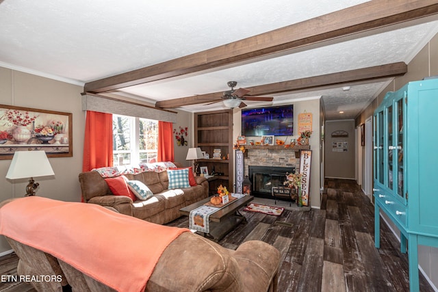 1193 Johnson Rd, Seymour, TN 37865 - living room featuring wood finished floors, a ceiling fan, beam ceiling, a textured ceiling, and baseboards