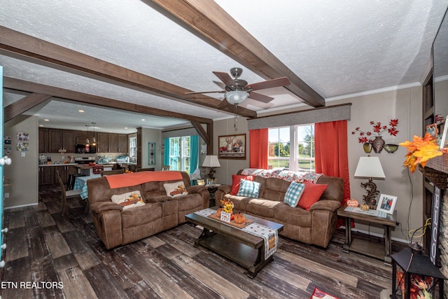 1193 Johnson Rd, Seymour, TN 37865 - living room with dark wood-style floors, a textured ceiling, ceiling fan, beamed ceiling, and baseboards