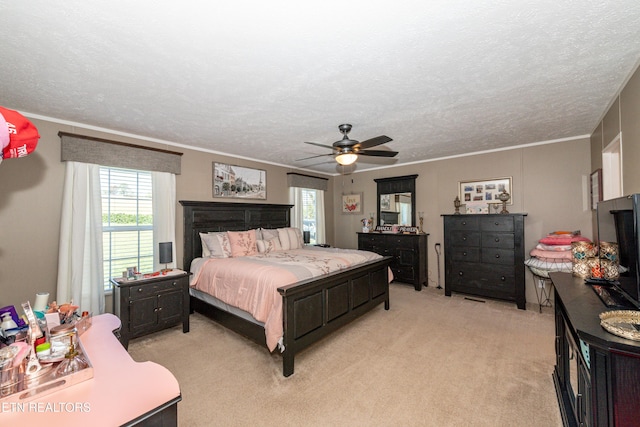 1193 Johnson Rd, Seymour, TN 37865 - bedroom with light colored carpet, ceiling fan, ornamental molding, and a textured ceiling