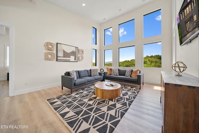 2955 Lightning Strike Dr, Sevierville, TN 37862 - living room featuring baseboards, plenty of natural light, light wood-style flooring, a high ceiling, and recessed lighting
