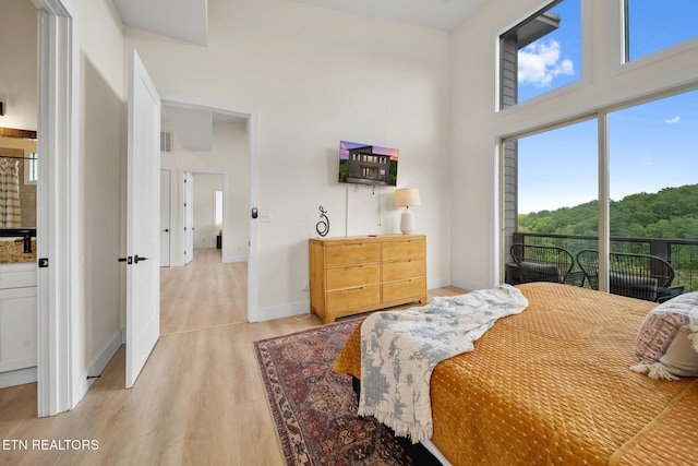 2955 Lightning Strike Dr, Sevierville, TN 37862 - bedroom with light wood-style flooring, baseboards, a high ceiling, and access to outside