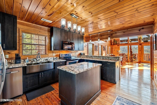 204 Pinnacle Dr, Gatlinburg, TN 37738 - kitchen featuring stainless steel appliances, a sink, a peninsula, wooden walls, and wood ceiling