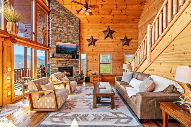 204 Pinnacle Dr, Gatlinburg, TN 37738 - living area featuring ceiling fan, wood-type flooring, high vaulted ceiling, a fireplace, and wooden walls