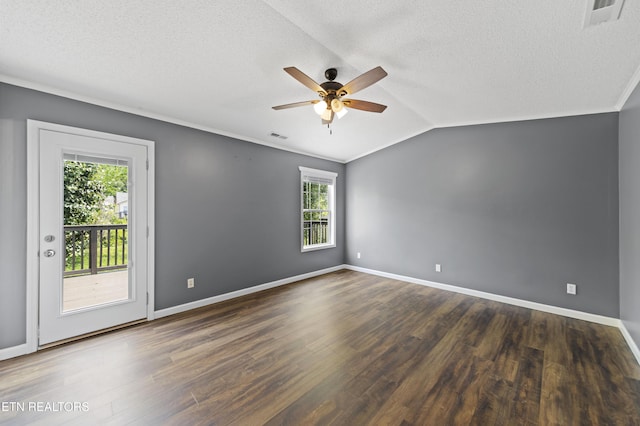10548 Lone Star Way, Knoxville, TN 37932 - empty room with a ceiling fan, a textured ceiling, dark wood-style floors, lofted ceiling, and baseboards