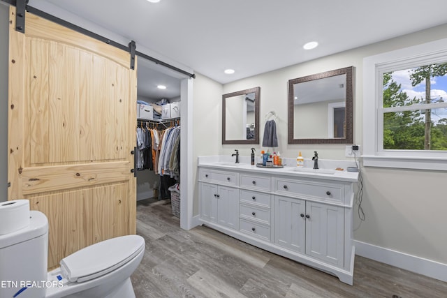 4509 Lifford Ln, Corryton, TN 37721 - bathroom featuring toilet, wood finished floors, double vanity, recessed lighting, and baseboards