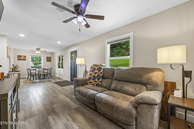 4509 Lifford Ln, Corryton, TN 37721 - living room with a ceiling fan, wood finished floors, baseboards, and recessed lighting