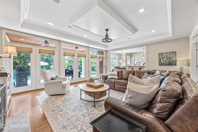 12332 Bonnybridge Ln, Knoxville, TN 37922 - living area with a tray ceiling, crown molding, french doors, light wood-style floors, and recessed lighting