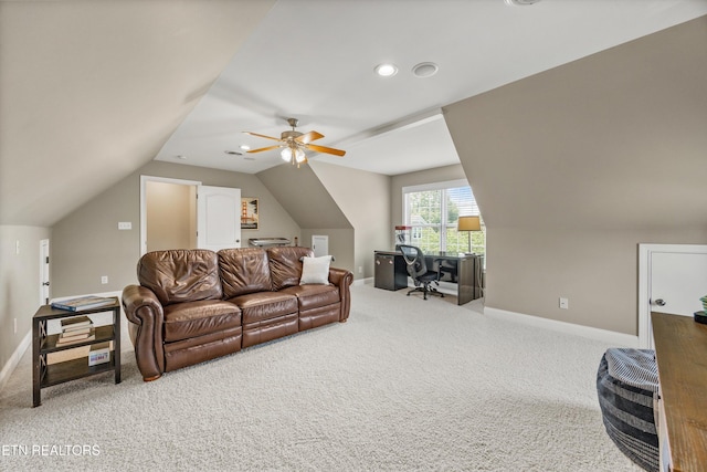12332 Bonnybridge Ln, Knoxville, TN 37922 - living area featuring a ceiling fan, carpet floors, vaulted ceiling, baseboards, and recessed lighting