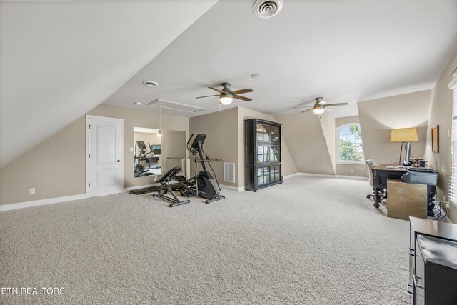 12332 Bonnybridge Ln, Knoxville, TN 37922 - workout room featuring attic access, a ceiling fan, baseboards, and carpet flooring
