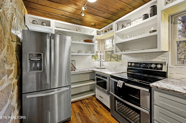 3325 Tekoa Mountain Way, Sevierville, TN 37876 - kitchen featuring stainless steel appliances, open shelves, tasteful backsplash, light stone countertops, and wooden ceiling