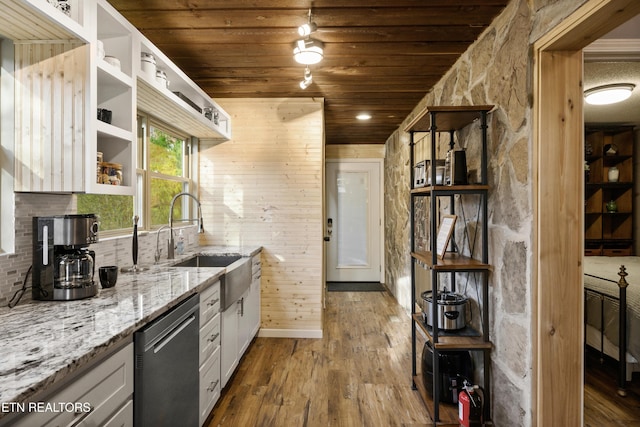 3325 Tekoa Mountain Way, Sevierville, TN 37876 - kitchen featuring open shelves, wooden ceiling, dishwasher, light stone countertops, and dark wood-style flooring