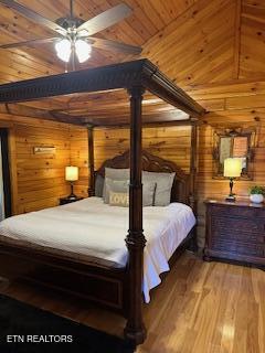 3355 Priscilla Heights Ln, Sevierville, TN 37862 - bedroom featuring wooden ceiling, wood finished floors, and wooden walls