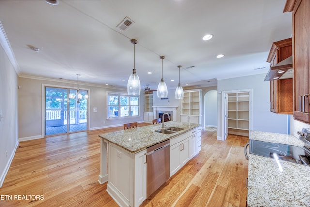 126 Pocola Way, Loudon, TN 37774 - kitchen with stainless steel dishwasher, under cabinet range hood, crown molding, a fireplace, and light wood-type flooring