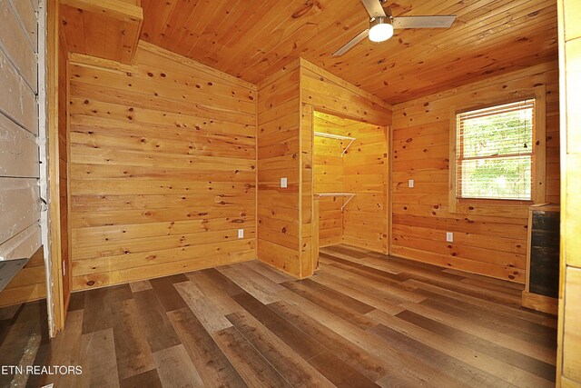 495 Bear Hollow Rd, Oneida, TN 37841 - empty room featuring wood walls, dark wood-style floors, wooden ceiling, ceiling fan, and a sauna