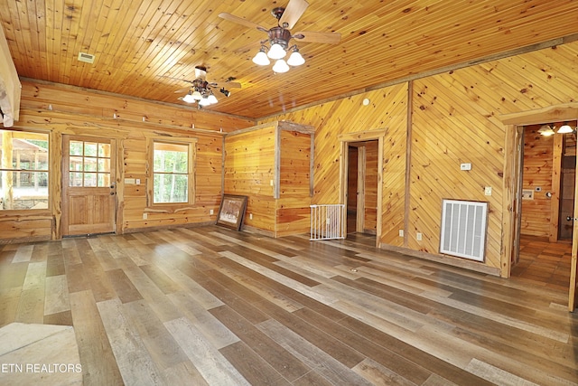 495 Bear Hollow Rd, Oneida, TN 37841 - unfurnished living room featuring hardwood / wood-style floors, ceiling fan, and wooden walls