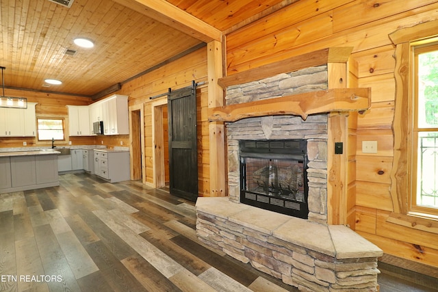 495 Bear Hollow Rd, Oneida, TN 37841 - unfurnished living room with plenty of natural light, wood ceiling, dark wood-style floors, a stone fireplace, and wood walls