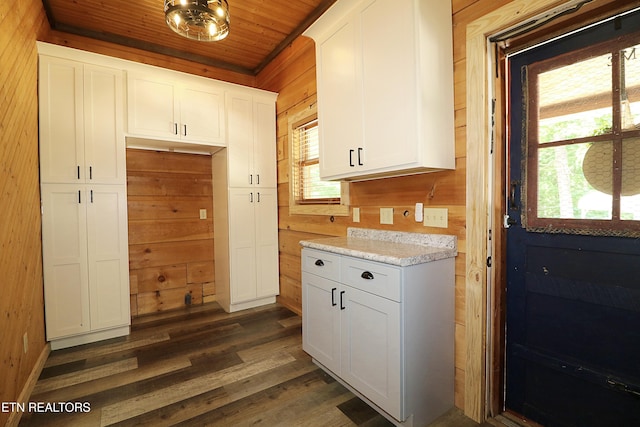 495 Bear Hollow Rd, Oneida, TN 37841 - kitchen with wood walls, white cabinets, wood ceiling, and dark wood-type flooring