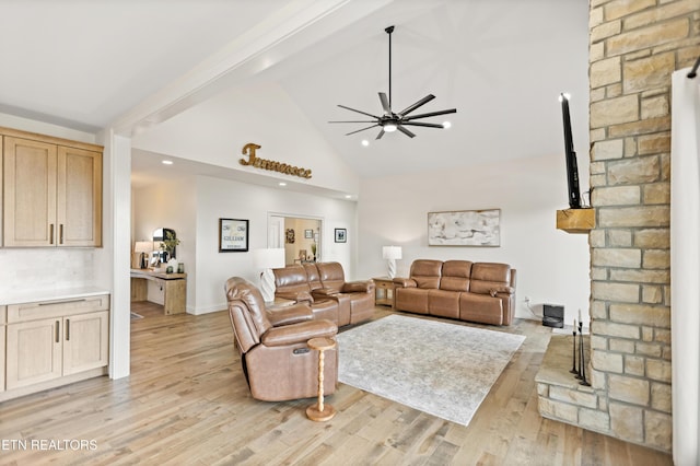 888 Smokey Quartz Blvd, New Tazewell, TN 37825 - living area featuring light wood-type flooring, high vaulted ceiling, ceiling fan, beamed ceiling, and recessed lighting