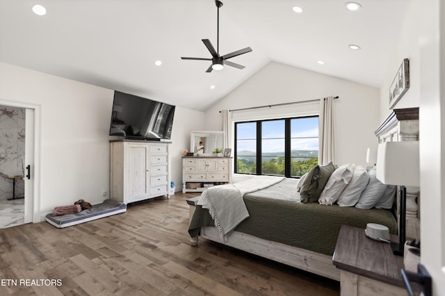 888 Smokey Quartz Blvd, New Tazewell, TN 37825 - bedroom featuring high vaulted ceiling, wood finished floors, ceiling fan, and recessed lighting