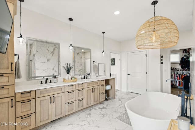 888 Smokey Quartz Blvd, New Tazewell, TN 37825 - full bath featuring marble finish flooring, double vanity, a freestanding bath, recessed lighting, and a marble finish shower