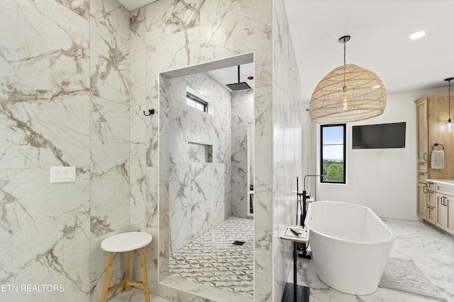 888 Smokey Quartz Blvd, New Tazewell, TN 37825 - full bathroom featuring marble tiled flooring, plenty of natural light, a marble finish shower, a soaking tub, and recessed lighting