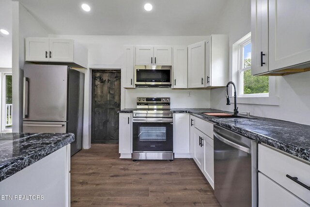 1095 Franklin Rd, Jamestown, TN 38556 - kitchen with appliances with stainless steel finishes, a sink, white cabinetry, recessed lighting, and dark wood-style floors