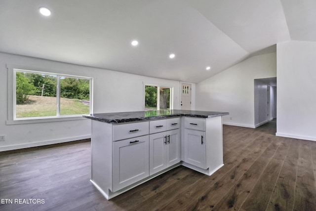 1095 Franklin Rd, Jamestown, TN 38556 - kitchen featuring vaulted ceiling, plenty of natural light, dark wood finished floors, a center island, and dark stone countertops