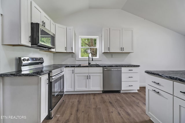 1095 Franklin Rd, Jamestown, TN 38556 - kitchen featuring stainless steel appliances, a sink, white cabinetry, dark wood-type flooring, and vaulted ceiling