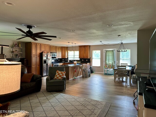306 E Tri County Blvd, Oliver Springs, TN 37840 - living room featuring light wood-type flooring, ceiling fan, and a textured ceiling