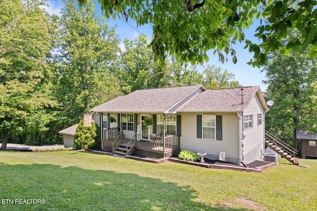 340 Mountain View Ests, Caryville, TN 37714 - ranch-style home featuring central AC unit, a porch, a front yard, and stairs