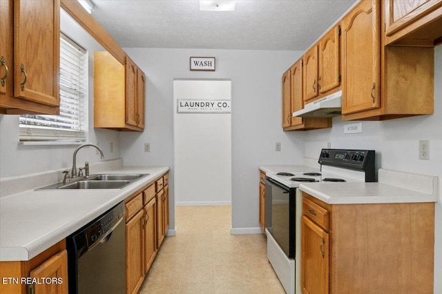340 Mountain View Ests, Caryville, TN 37714 - kitchen featuring range with electric cooktop, dishwashing machine, under cabinet range hood, a sink, and light countertops