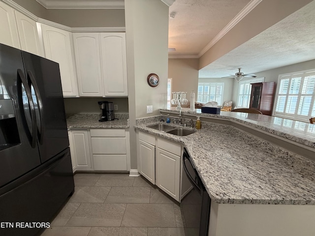 7243 Autumn View Ln, Powell, TN 37849 - kitchen with black appliances, a sink, white cabinets, crown molding, and light stone countertops