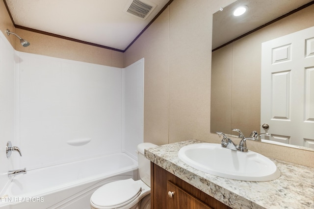 1527 Black Oak Dr, Sevierville, TN 37876 - bathroom featuring vanity, toilet, tub / shower combination, and crown molding