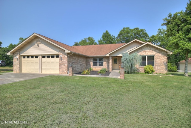 1023 Stokley Ct, Dandridge, TN 37725 - ranch-style home with a garage, driveway, brick siding, a front lawn, and a shingled roof