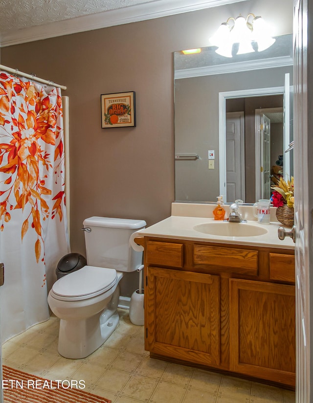4512 Clairson Dr, Knoxville, TN 37931 - full bathroom with ornamental molding, toilet, vanity, a textured ceiling, and a shower with curtain