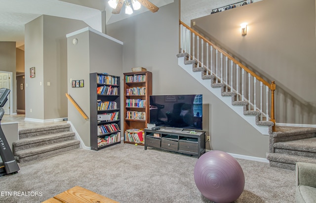 4512 Clairson Dr, Knoxville, TN 37931 - carpeted living area featuring stairs, a ceiling fan, and baseboards