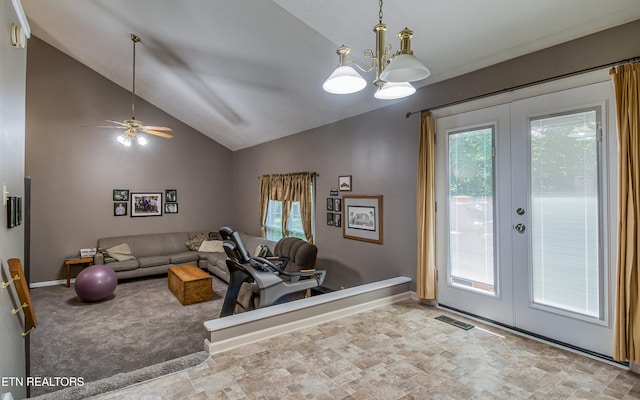 4512 Clairson Dr, Knoxville, TN 37931 - living room with french doors, vaulted ceiling, healthy amount of natural light, baseboards, and stone finish flooring