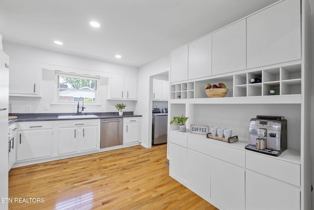 7339 Brookside Dr, Chattanooga, TN 37421 - kitchen featuring a sink, stainless steel dishwasher, open shelves, white cabinets, and light wood finished floors