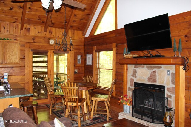 3006 Eagles Claw Way, Pigeon Forge, TN 37863 - dining room featuring wood finished floors, wooden walls, wood ceiling, ceiling fan, and a stone fireplace