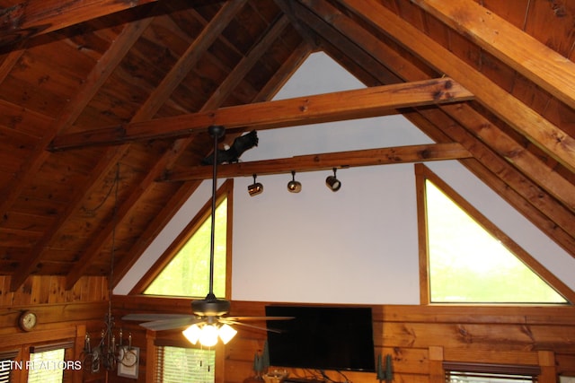 3006 Eagles Claw Way, Pigeon Forge, TN 37863 - detailed view of wooden walls, wood ceiling with exposed beams, and ceiling fan