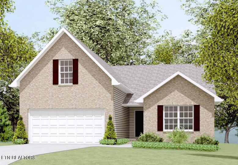 7953 Tree Line Ln, Corryton, TN 37721 - traditional-style house with a garage, driveway, a front lawn, and brick siding