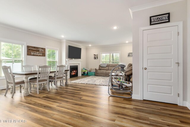 20 Cabot Ln, Cookeville, TN 38506 - living area with crown molding, wood finished floors, a warm lit fireplace, and recessed lighting