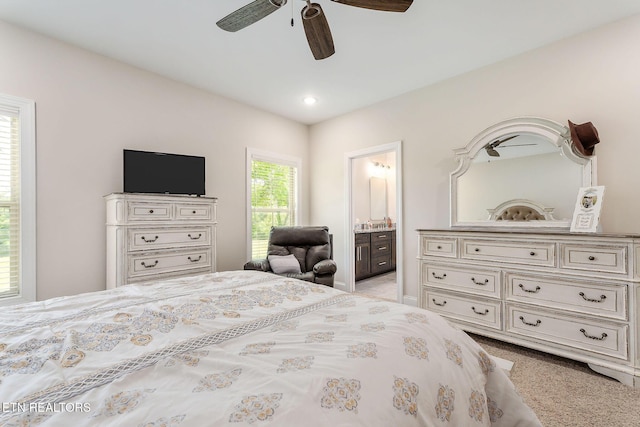 20 Cabot Ln, Cookeville, TN 38506 - bedroom featuring light colored carpet, ceiling fan, and connected bathroom