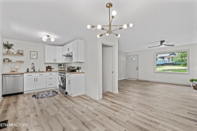 340 Gilbert St, Morristown, TN 37814 - kitchen with appliances with stainless steel finishes, a sink, open shelves, light wood finished floors, and white cabinetry
