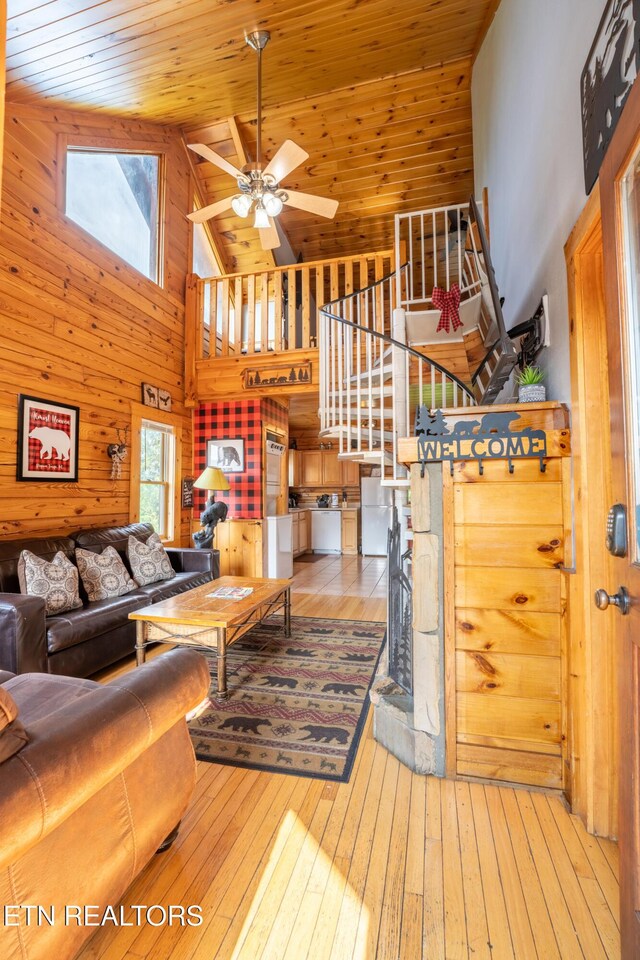 407 Big Bear Way, Pigeon Forge, TN 37863 - living room featuring high vaulted ceiling, wooden walls, wooden ceiling, a ceiling fan, and hardwood / wood-style floors
