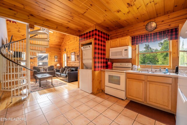 407 Big Bear Way, Pigeon Forge, TN 37863 - kitchen with white appliances, stacked washer / drying machine, a sink, wooden ceiling, and light tile patterned floors
