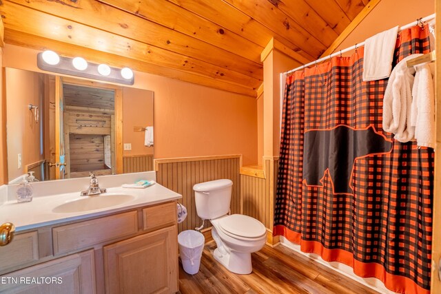 407 Big Bear Way, Pigeon Forge, TN 37863 - bathroom featuring lofted ceiling, wainscoting, vanity, toilet, and wood finished floors