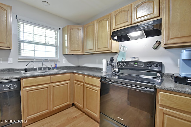 615 Mary St, Russellville, TN 37860 - kitchen with black appliances, under cabinet range hood, a sink, and dark countertops